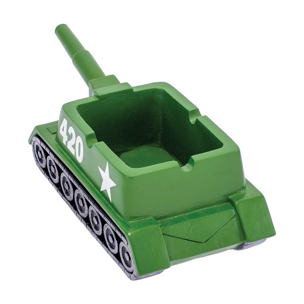 Angled view of the green 420 tank ashtray showing the square bowl and turret detail