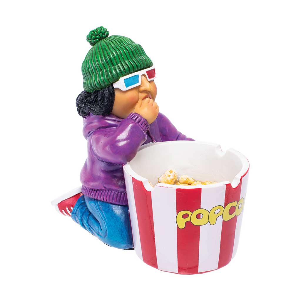 Angled view of the Movie Popcorn Ashtray with red-white striped bucket and 3D-glasses figure