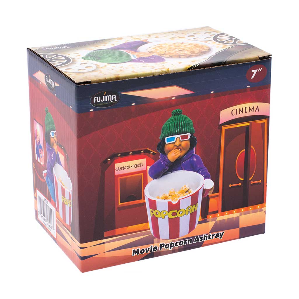 Fujima retail box for the 7-inch Movie Popcorn Ashtray with cinema artwork and product photo