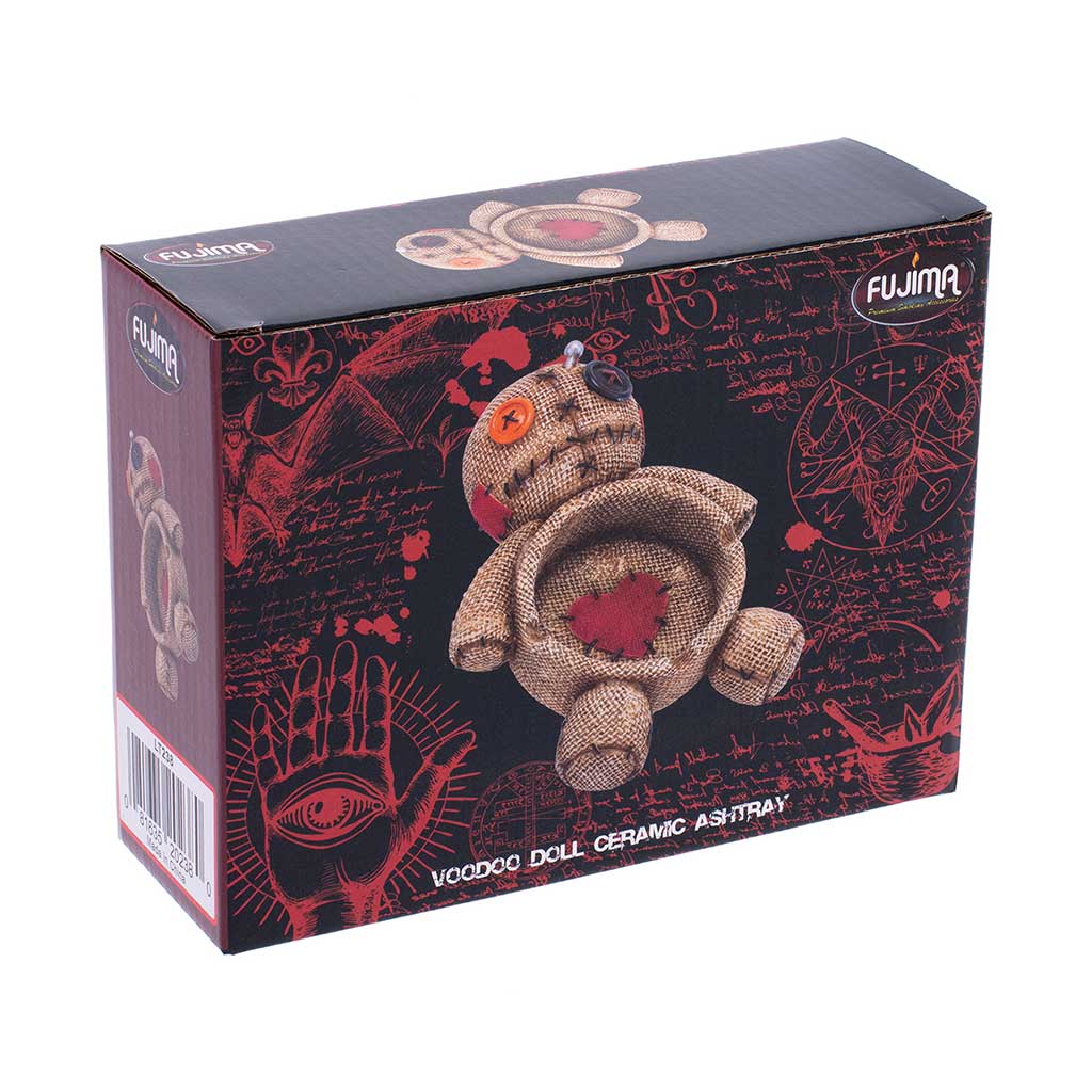 Retail box for the Fujima Voodoo Doll ceramic ashtray with red occult graphics and product photo.