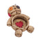 Tan burlap-look Voodoo Doll ceramic ashtray with stitched red heart and button eyes, empty bowl.