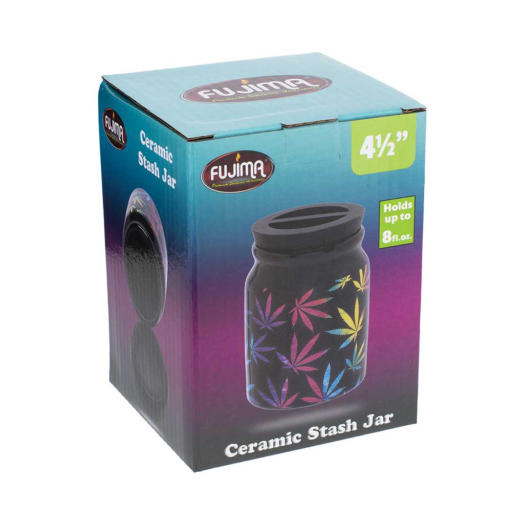 Retail box for the Fujima Weed Leafs ceramic stash jar, labeled 4.5 inches and holds up to 8 oz