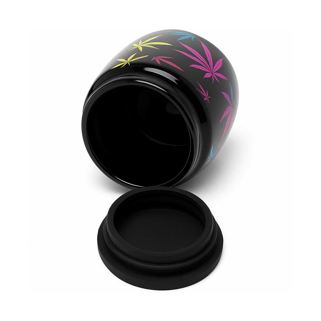 Black Weed Leafs stash jar shown open with colorful leaf print and screw-top lid removed