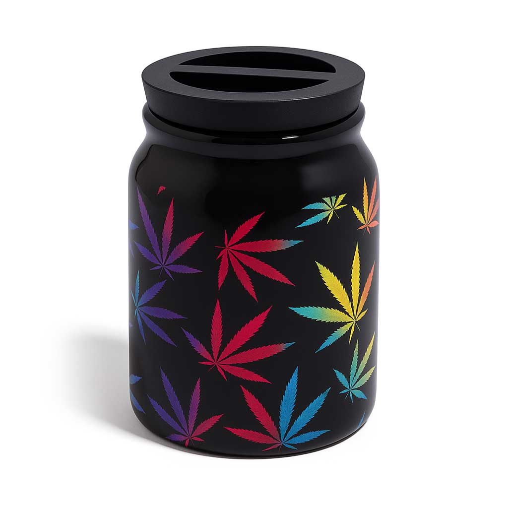 Large black ceramic stash jar by Fujima with multicolor weed leaf pattern and black screw lid, 8 oz