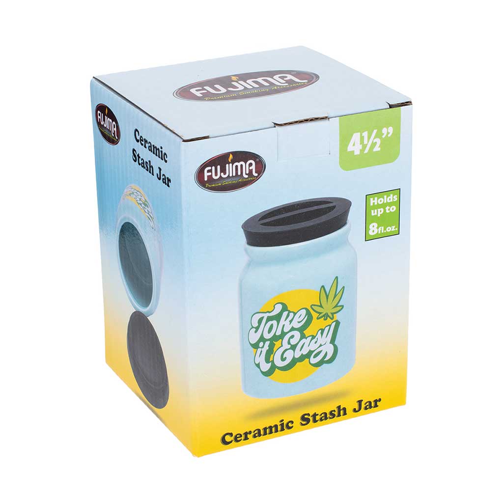 Retail box for the Fujima Toke It Easy ceramic stash jar, labeled 4.5 in and holds up to 8 oz