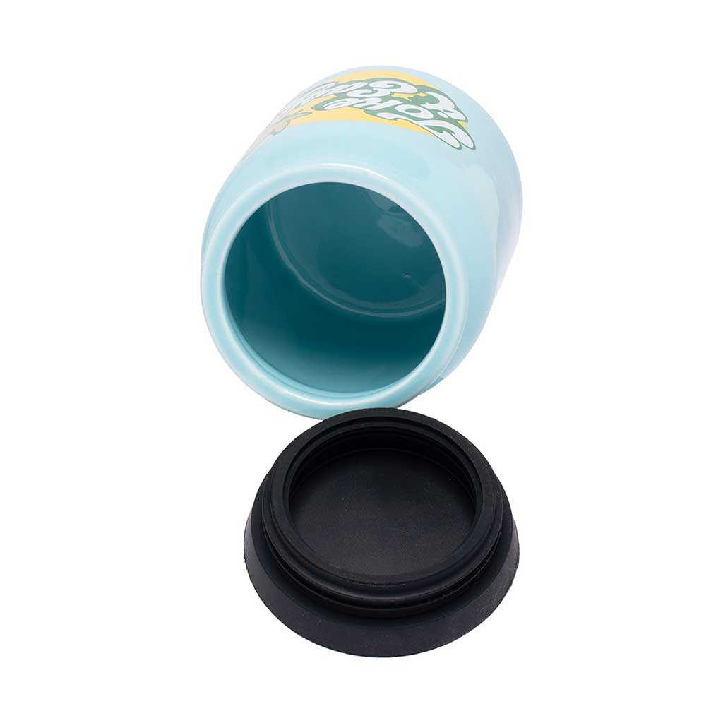 Toke It Easy ceramic jar shown open with the black threaded lid removed, blue interior, 8 oz