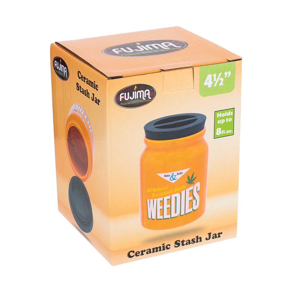 Retail box for the Fujima Weedies ceramic stash jar, labeled 4.5 inches and holds up to 8 oz