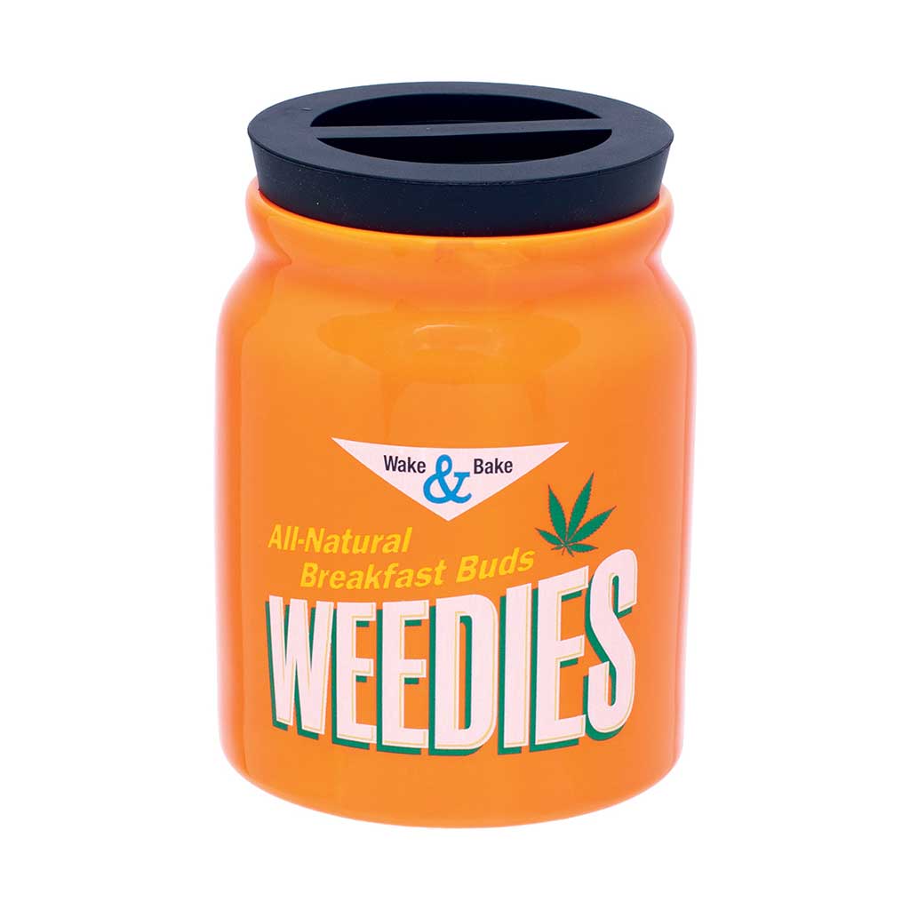 Weedies ceramic stash jar in bright orange with Wake & Bake graphic and black threaded lid, 8 oz capacity