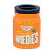 Weedies ceramic stash jar in bright orange with Wake & Bake graphic and black threaded lid, 8 oz capacity