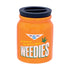 Weedies ceramic stash jar in bright orange with Wake & Bake graphic and black threaded lid, 8 oz capacity