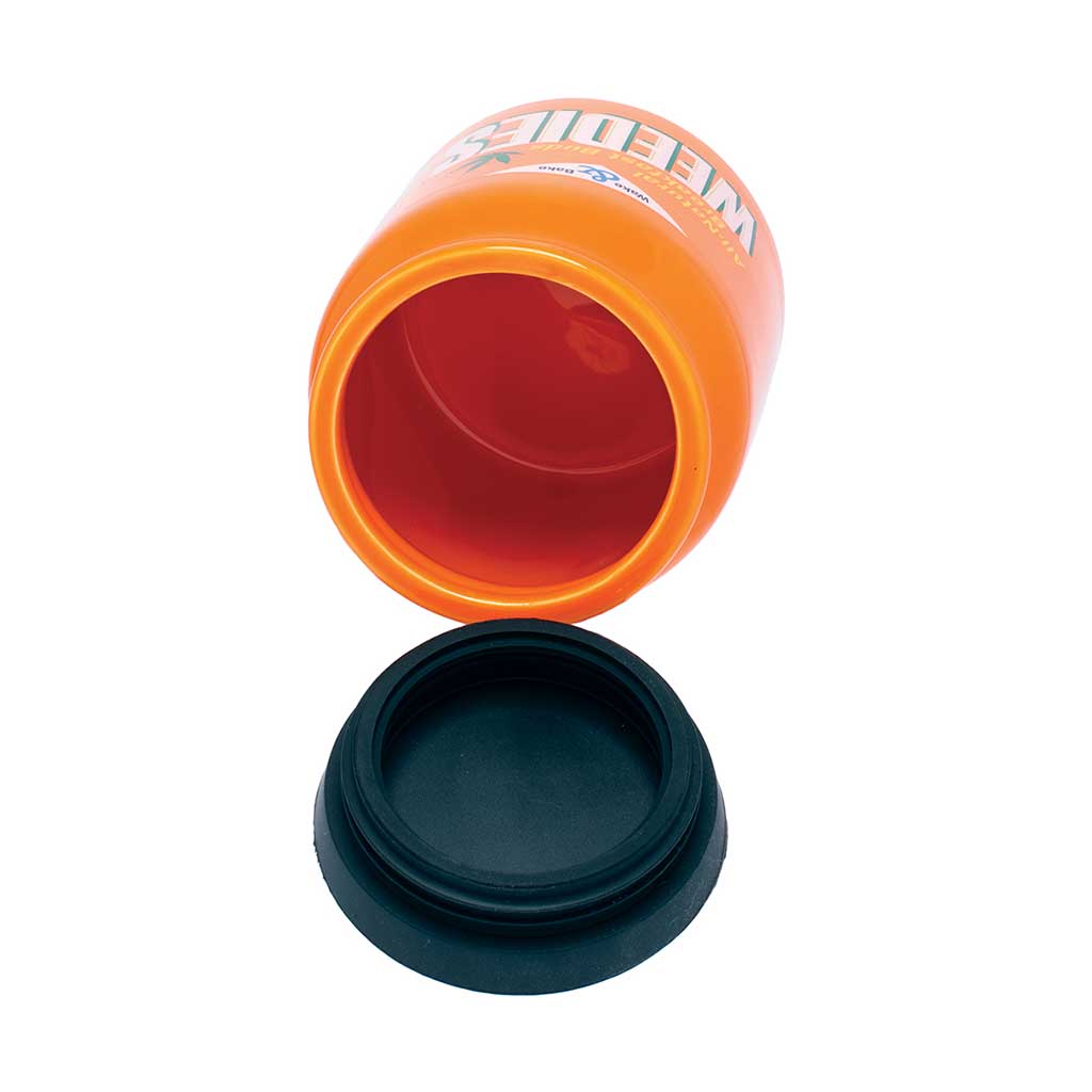 Orange Weedies large ceramic stash jar shown open with the black screw lid removed, 8 oz by Fujima