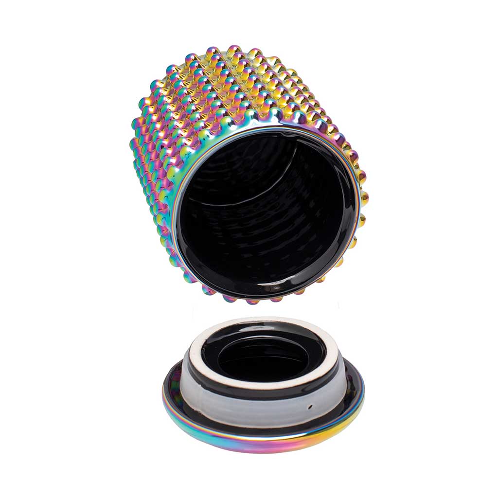 Spectrum Large Dotted Ceramic Stash Jar shown open with screw-top insert and black interior, 8 oz