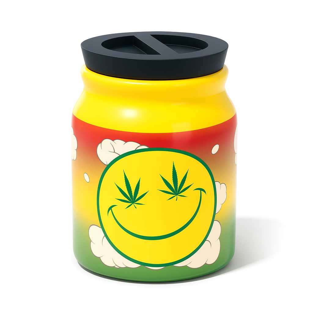 Large Ceramic Stash Jar - Stoned Smiley in a retail box available at Honeybee Herb