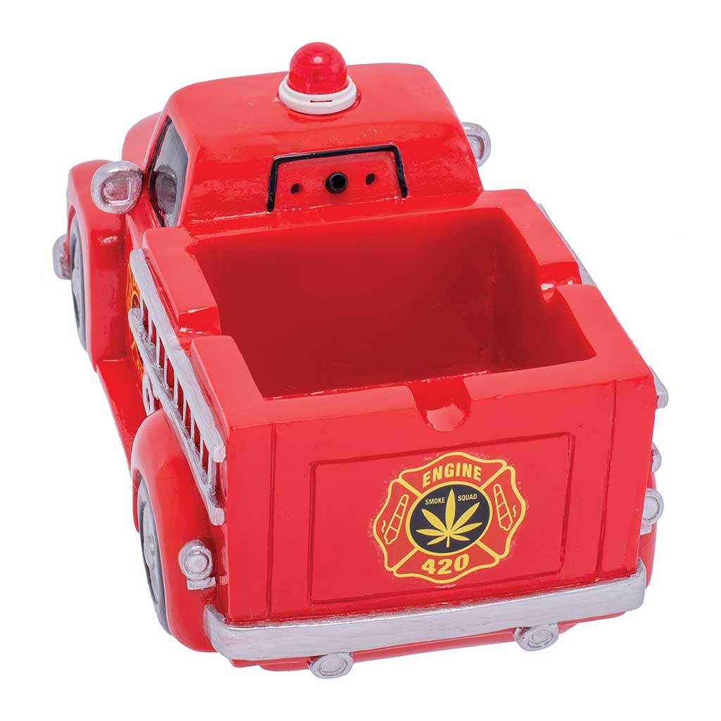 Back view of the Red 420 Light-Up Firetruck Ashtray & Stash with square tray and 420 crest. 