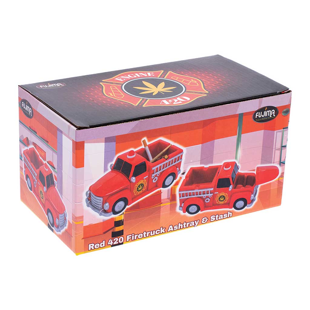 Retail box for the Red 420 Light-Up Firetruck Ashtray & Stash by Fujima with product art. 