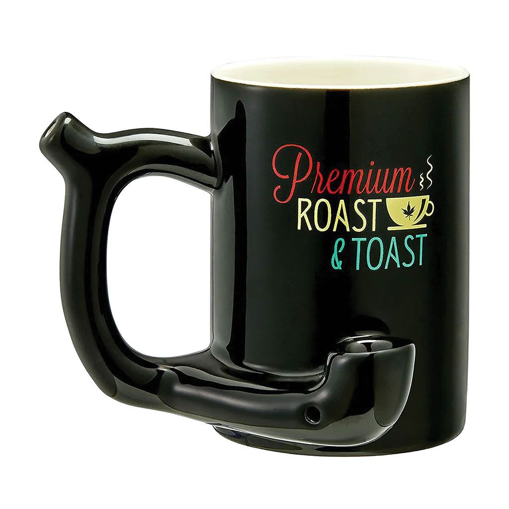 Black Premium Roast and Toast pipe mug with glossy finish, colorful front artwork, built-in pipe-style handle, and front bowl