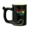 Black Premium Roast and Toast pipe mug with glossy finish, colorful front artwork, built-in pipe-style handle, and front bowl