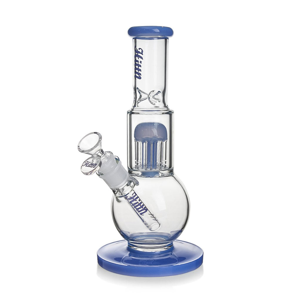 Buy Hittn blue 8-arm tree perc bubble base bong – premium glass water pipe for smooth, filtered smoking sessions.