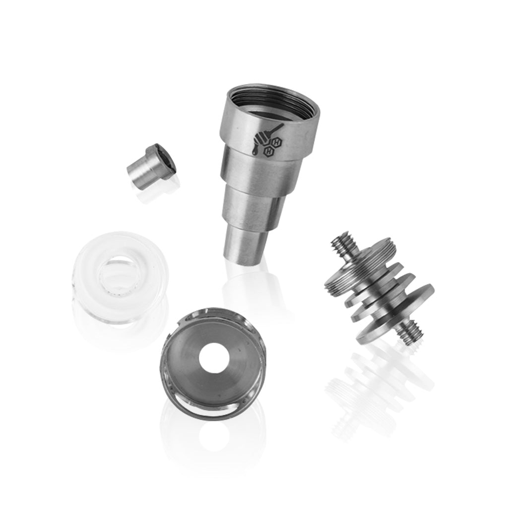 Domeless Titanium Silver 6 in 1 Cage Hybrid Ti-Nail Compatible with 10mm, 14mm, 18mm Male & Female Joints Apart View