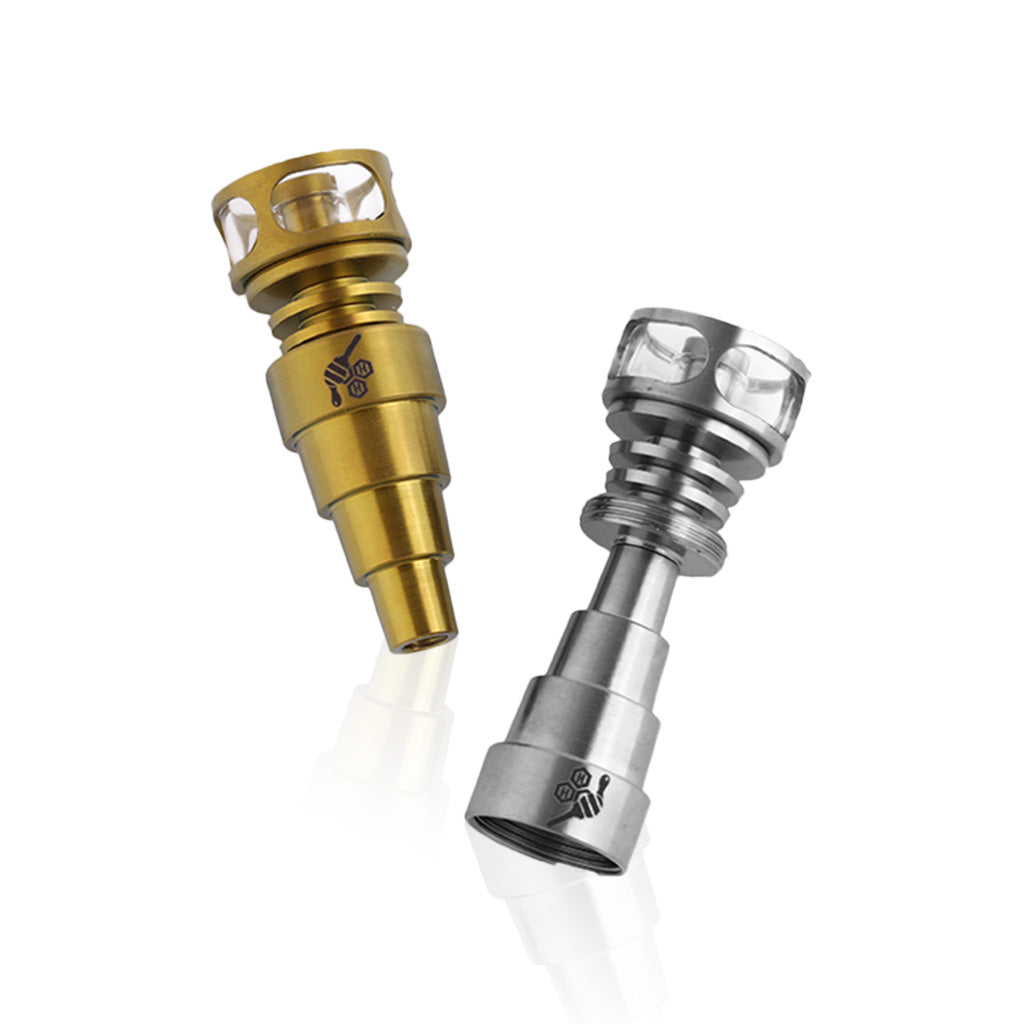 Domeless Titanium Silver & Gold 6- in 1 Cage Hybrid Ti-Nail Compatible with 10mm, 14mm, 18mm Male & Female Joints 