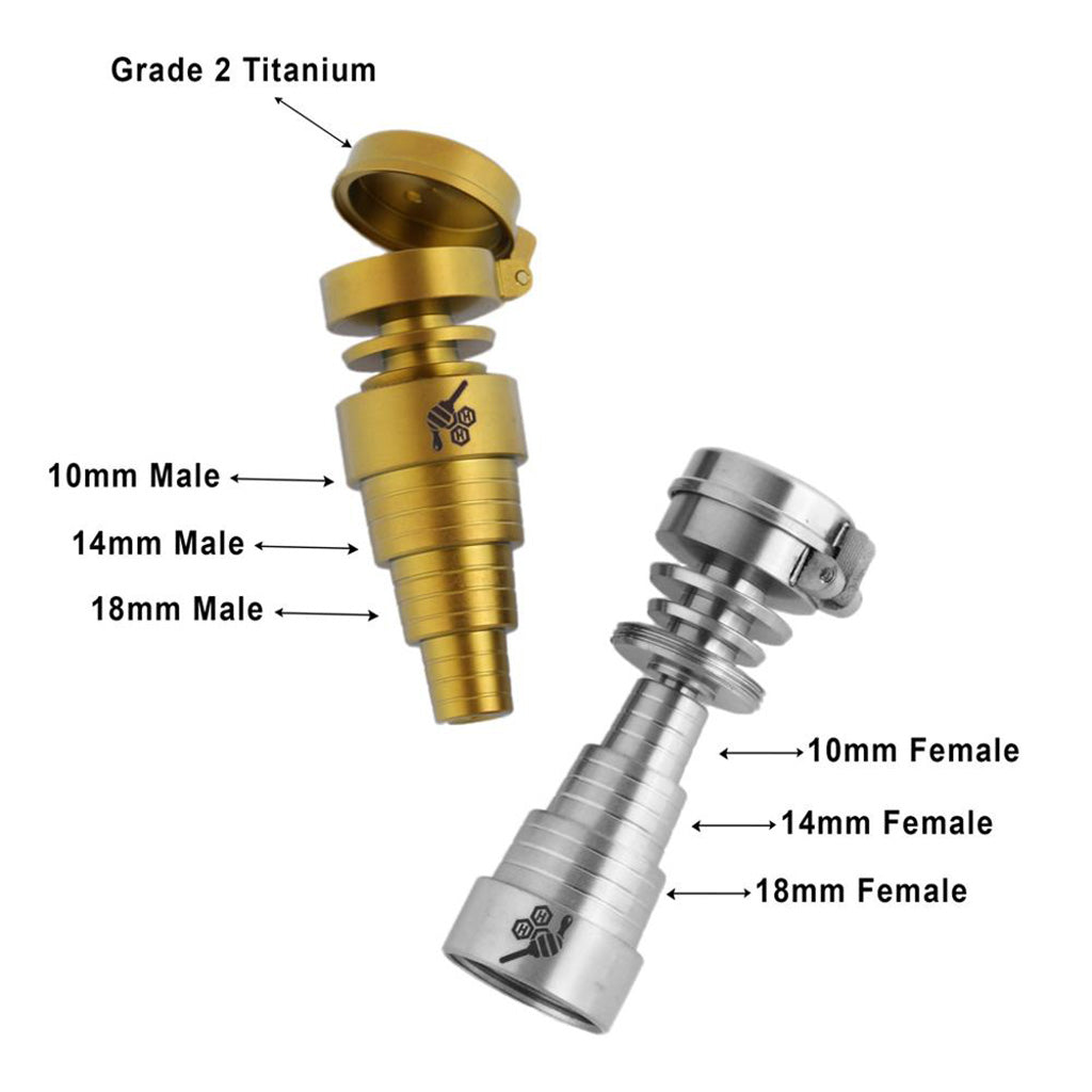 Universal Titanium Gold & Silver 6 In 1 Carb Cap Banger Nail Compatible with 10mm, 14mm, 18mm Male & Female Joints Infographic