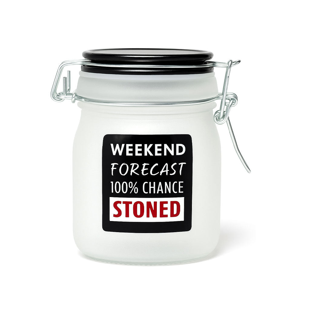 3.5-Inch Airtight Frosted Glass Jar With Black Lid & Funny Label “Weekend Forecast 100% Chance Stoned” Fully Closed 