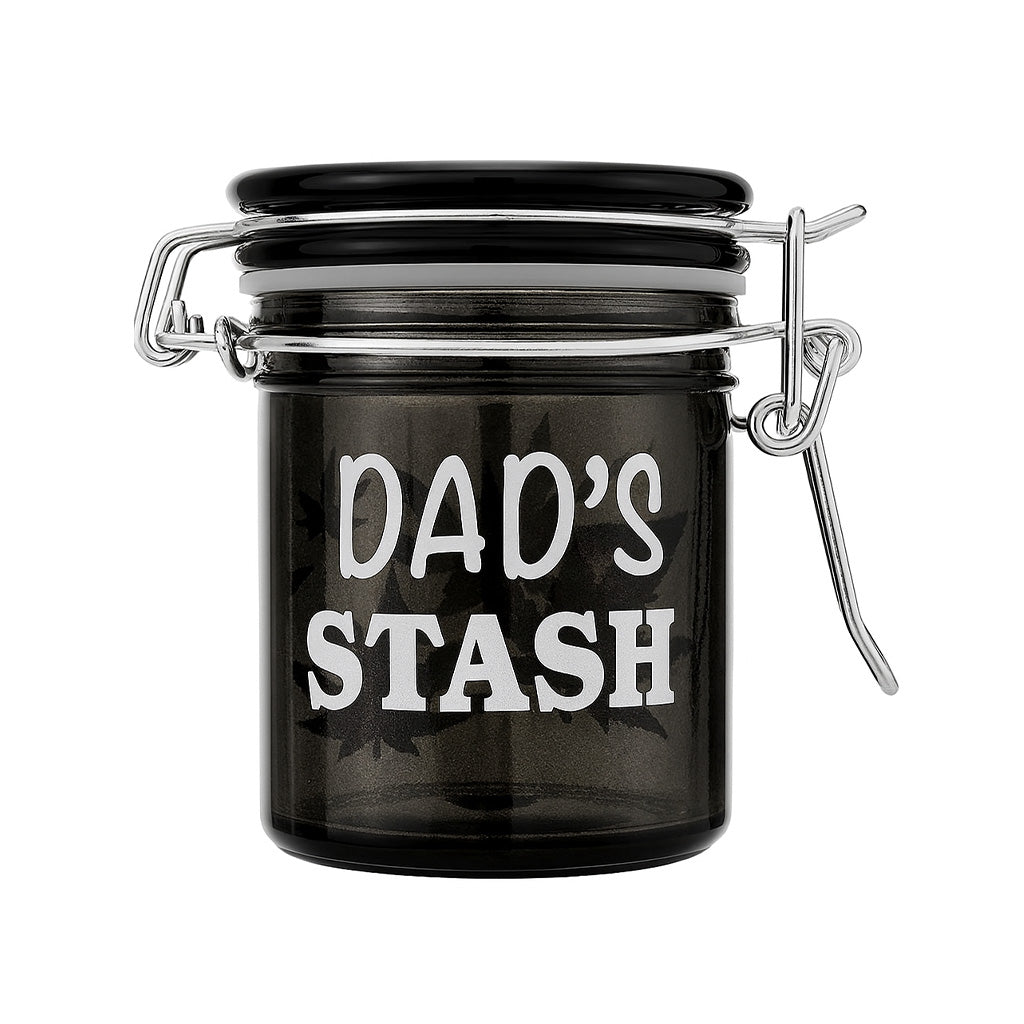 Upright View Of Airtight Glass 2.5-Inch Dad's Stash Storage Jar By Ted Miller Inno With Black Glass & Latch Closure 