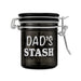 Upright View Of Airtight Glass 2.5-Inch Dad's Stash Storage Jar By Ted Miller Inno With Black Glass & Latch Closure 