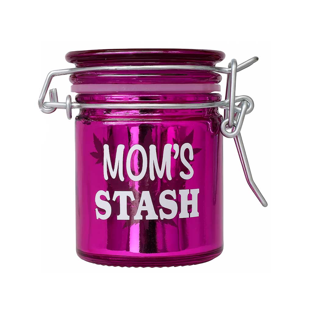 Closed View Of Pink Airtight Mom's Stash Glass Jar From Ted Miller Innovations, Shown Upright And Latched. 
