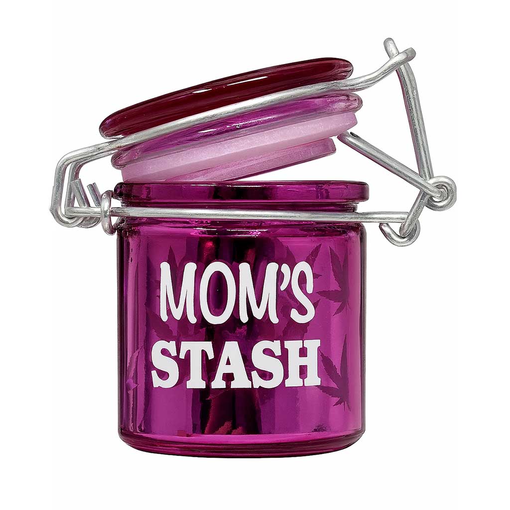  Compact Version Of Ted Miller Innovations Mom’s Stash Pink Airtight Jar With Tilted Lid And Clamp Seal.