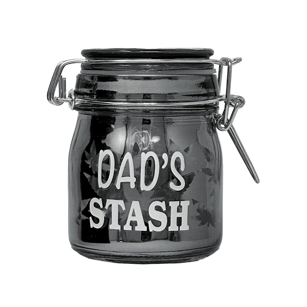 Front View Of Ted Miller Inno. 3.5-Inch Airtight Glass Dad's Stash Storage Jar With Secure Metal Clamp. 