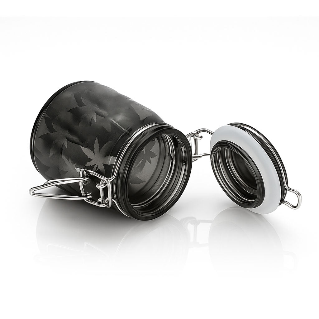 Ted Miller Inno. 3.5-Inch Airtight Glass Dad's Stash Storage Jar With Lid Open And Metal Latch, Sold By Honeybee Herb.