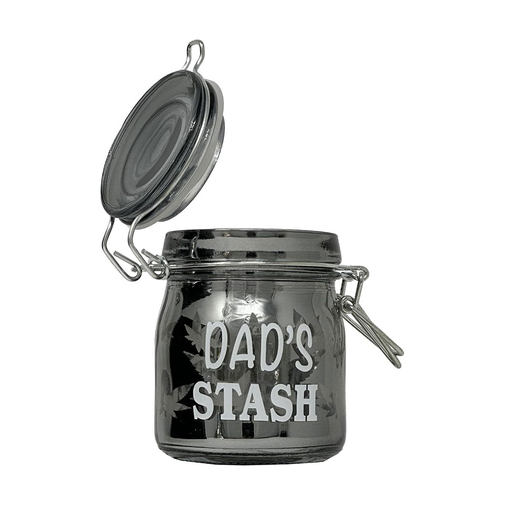 Side View Of 3.5-Inch Airtight Glass Dad's Stash Storage Jar With Wide Open Seal, By Ted Miller Inno. At Honeybee Herb. 