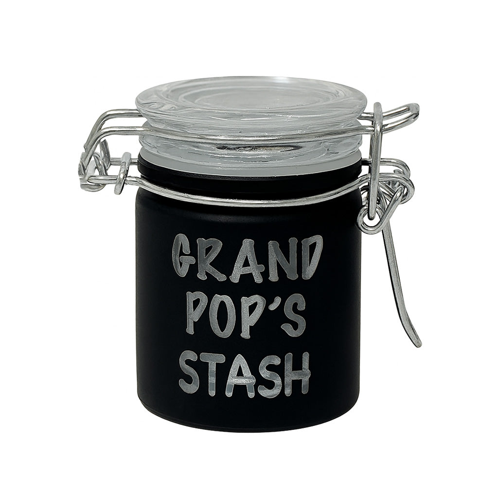 Airtight Glass Grandpop’s Stash Jar By Ted Miller Inno – Front View With Clear Clamp-Seal Lid At Honeybee Herb 