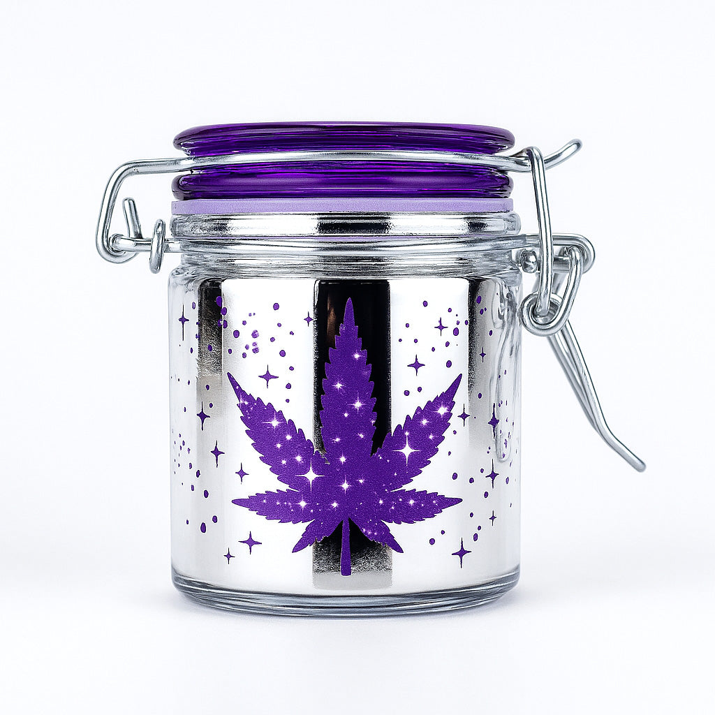 Ted Miller Innovations Airtight Glass Metallic Silver/Purple Leaf Galaxy Storage Jar at Honeybee Herb