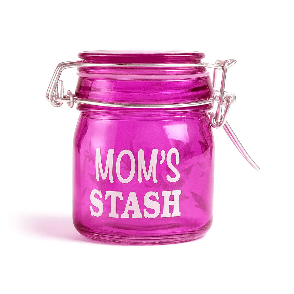 Closed View Of Pink Airtight Mom's Stash Glass Jar From Ted Miller Innovations, Shown Upright & Latched. 