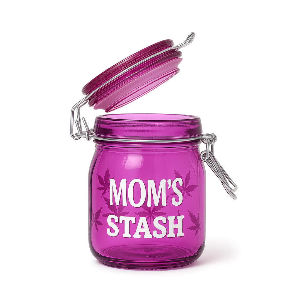 Side View Of Mom’s Stash Pink Airtight Glass Storage Jar With Gasket Lid Removed – Ted Miller Innovations.