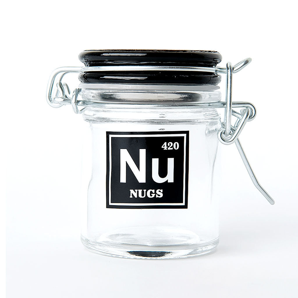 Airtight glass nugs periodic symbol storage jar by Ted Miller Innovations, sold by Honeybee Herb – collectible, stylish, and secure.