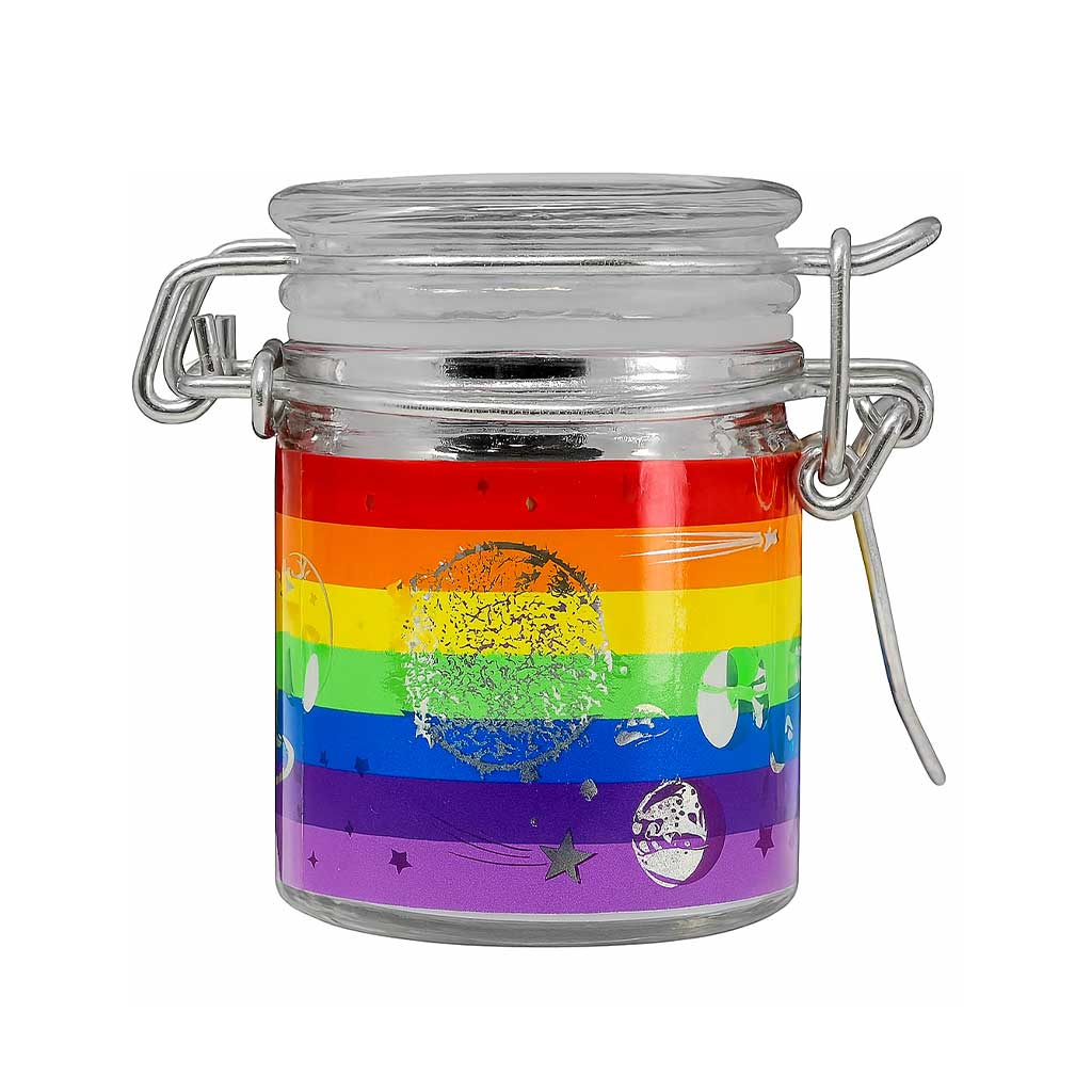 Ted Miller Innovations Rainbow Galaxy Airtight Glass Jar With Open Clamping Lid, Featuring Vibrant Cosmic Design 