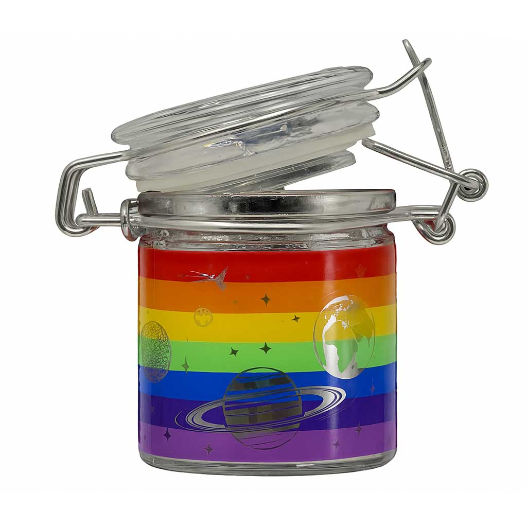 Front view Of Ted Miller Rainbow Galaxy Storage Jar With Airtight Seal And Locking Clamp, Part Of Honeybee Herb