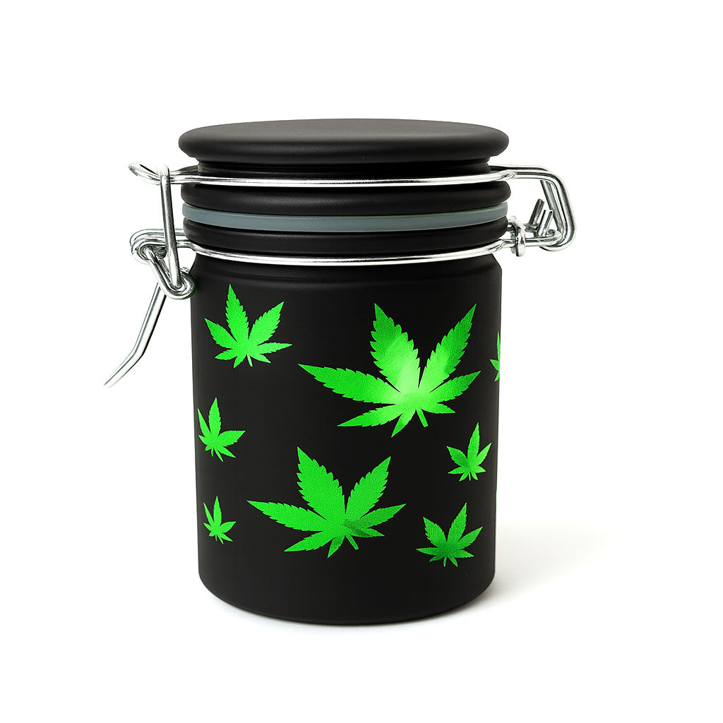Black Frosted Storage Jar With Green Leaf Design Available At Honeybee Herb