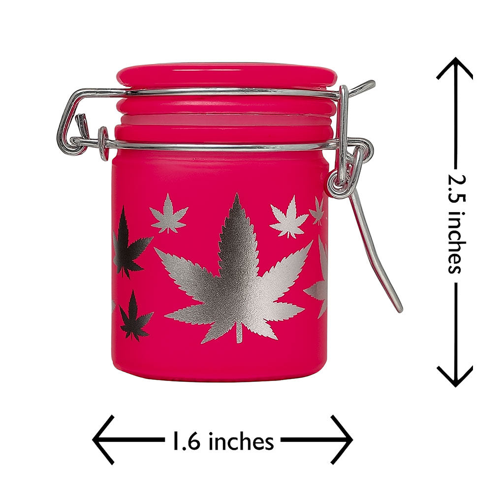 2.5-Inch Airtight Pink Glass Silver Leaves Stash Jar Dimension