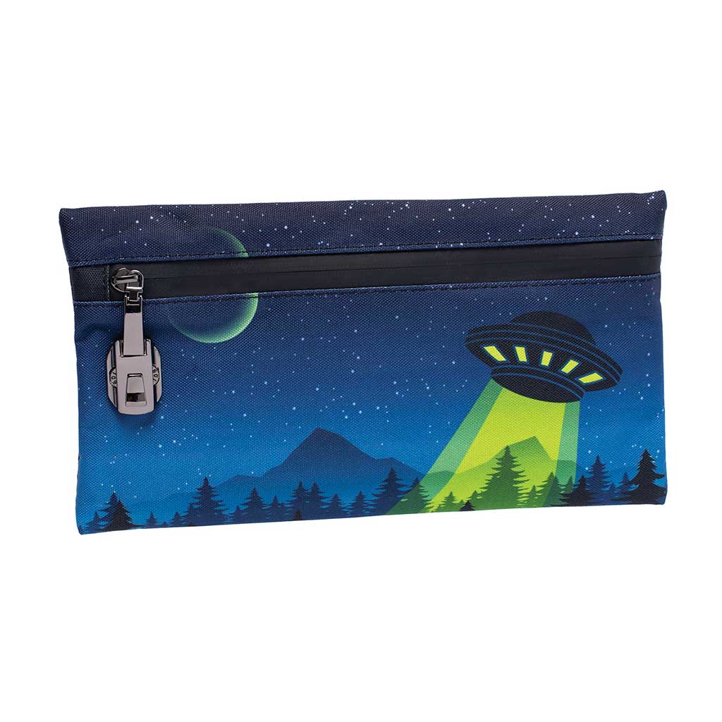 Alien UFO smellproof pouch 11x6 back view with starry sky design – discreet storage bag for herbs.