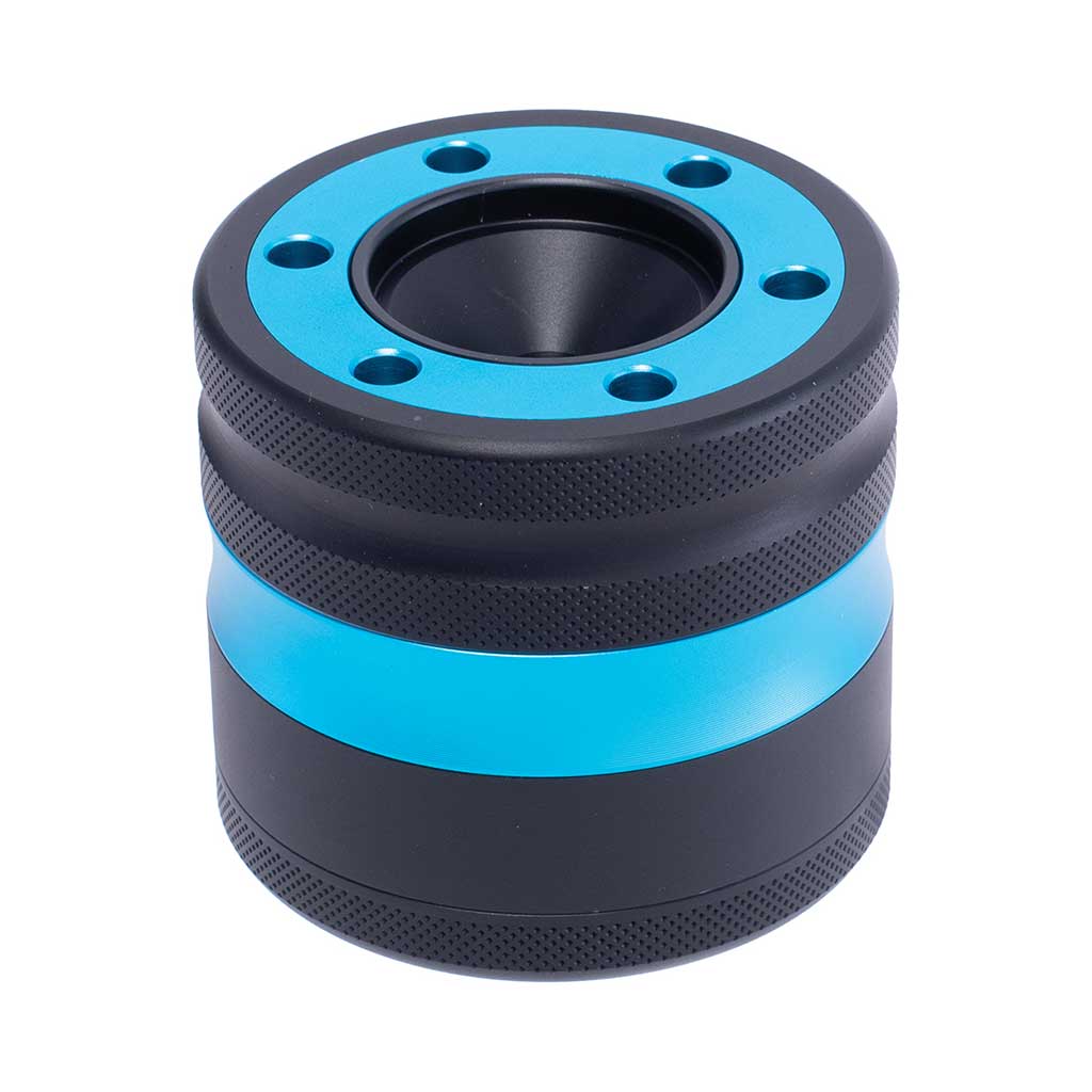 Aluminium Light-Blue Grinder With Cone Holder Funnel At Honeybee Herb 
