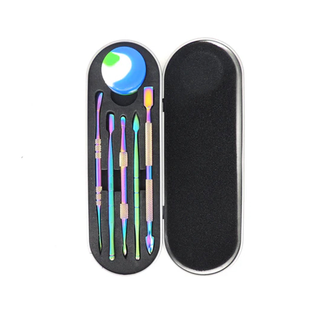 Anodized dab tool set with multiple dabbers, silicone container, and metal tin storage case
