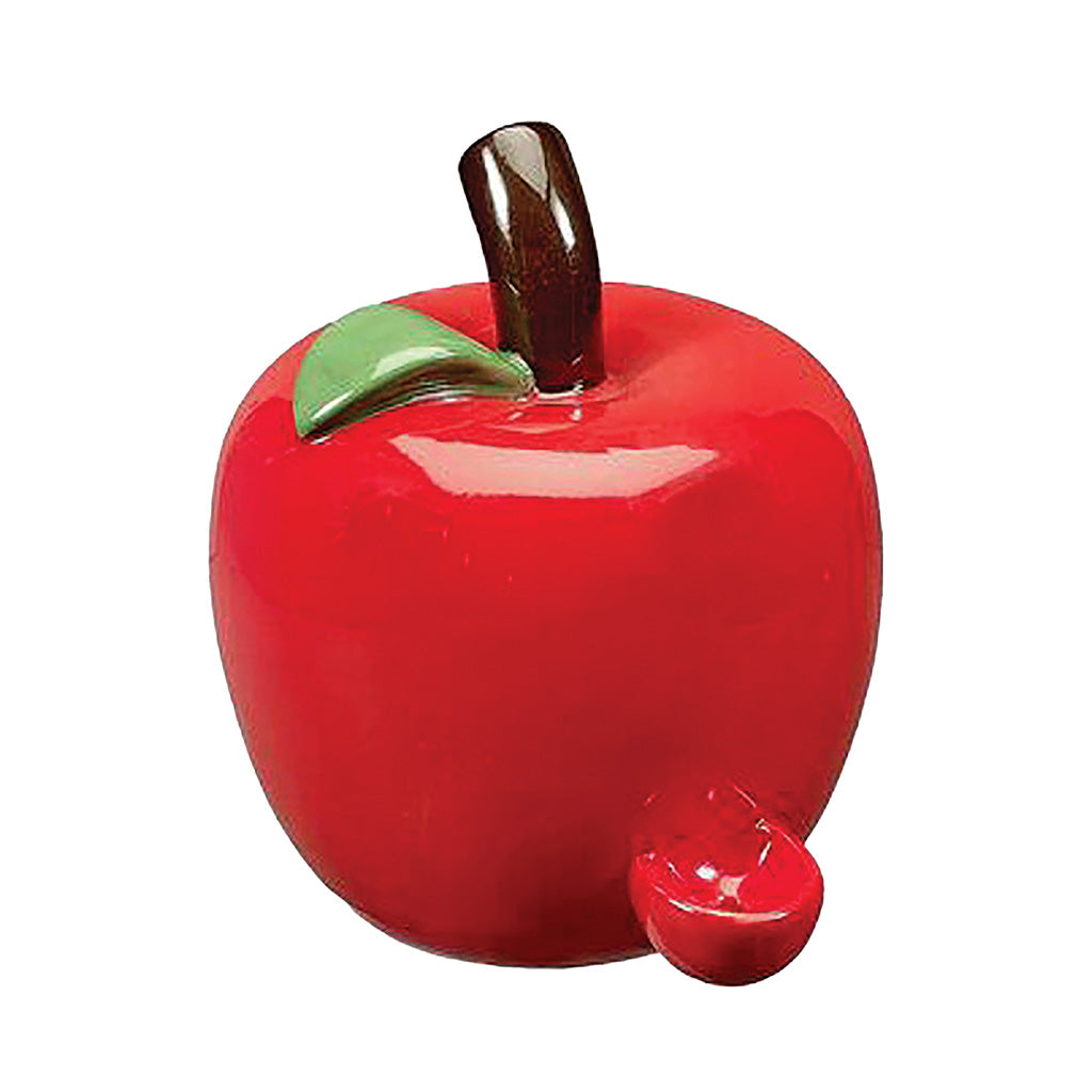 Red apple shaped hand pipe with glossy body, green leaf detail, brown stem mouthpiece, side bowl, and fruit-inspired design