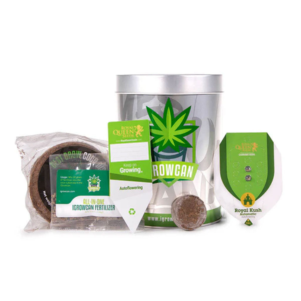Automatic iGrowCan All-In-One Grow Kit showing cannabis seeds, fertilizer, soil, and metal pot at Honeybee Herb