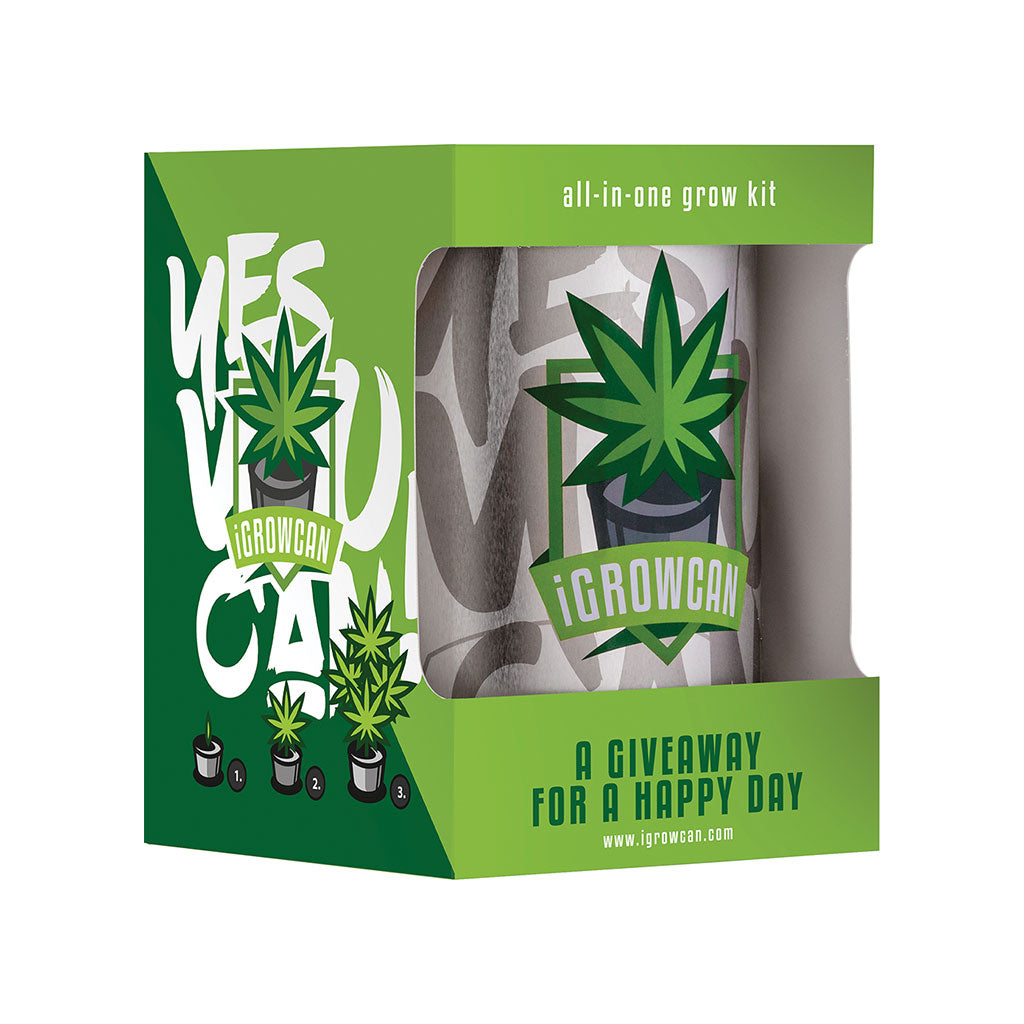 Retail packaging of Automatic iGrowCan All-In-One Grow Kit featuring green branding and product display