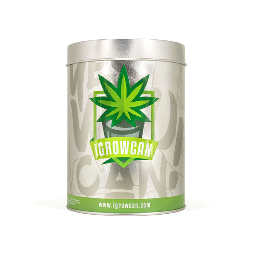 Silver tin container with green leaf logo from Automatic iGrowCan All-In-One Grow Kit