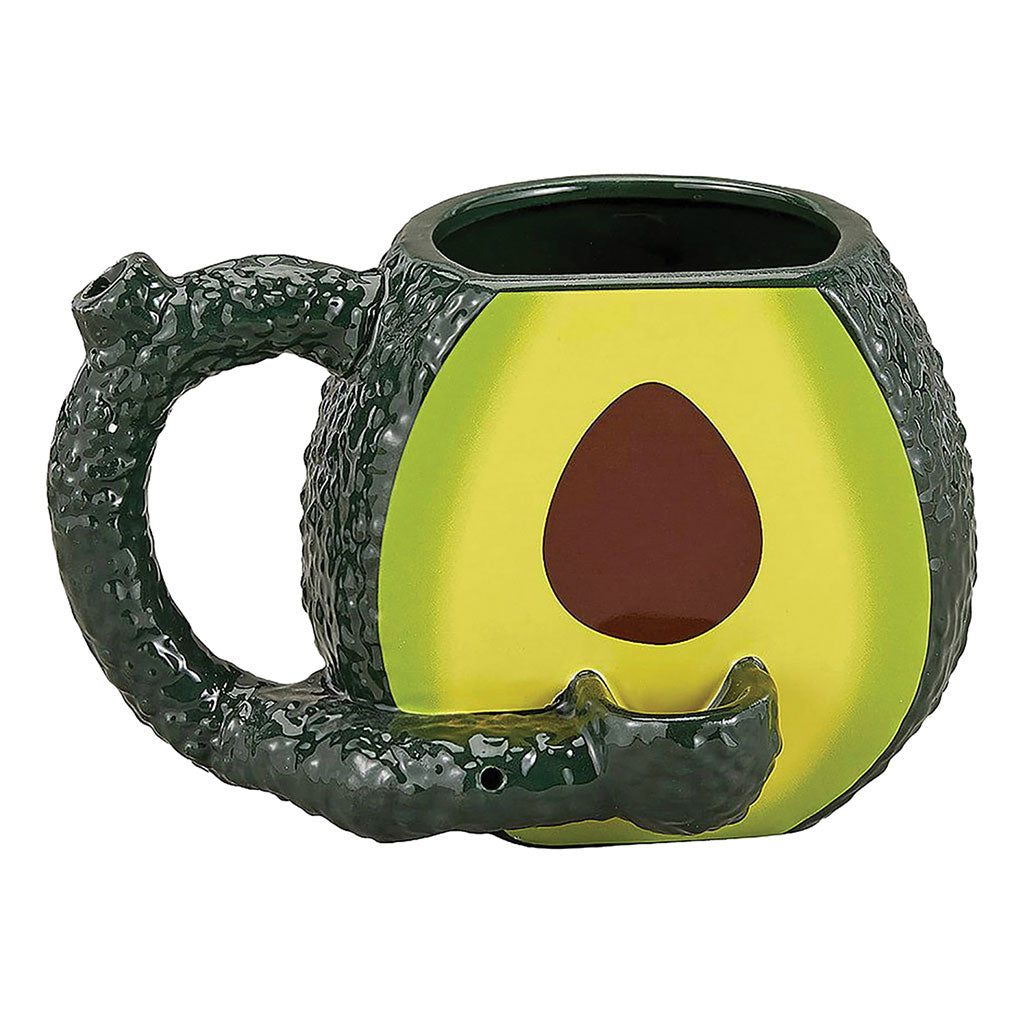 Green avocado shaped Roast & Toast pipe mug with dark textured handle and built-in smoking pipe design
